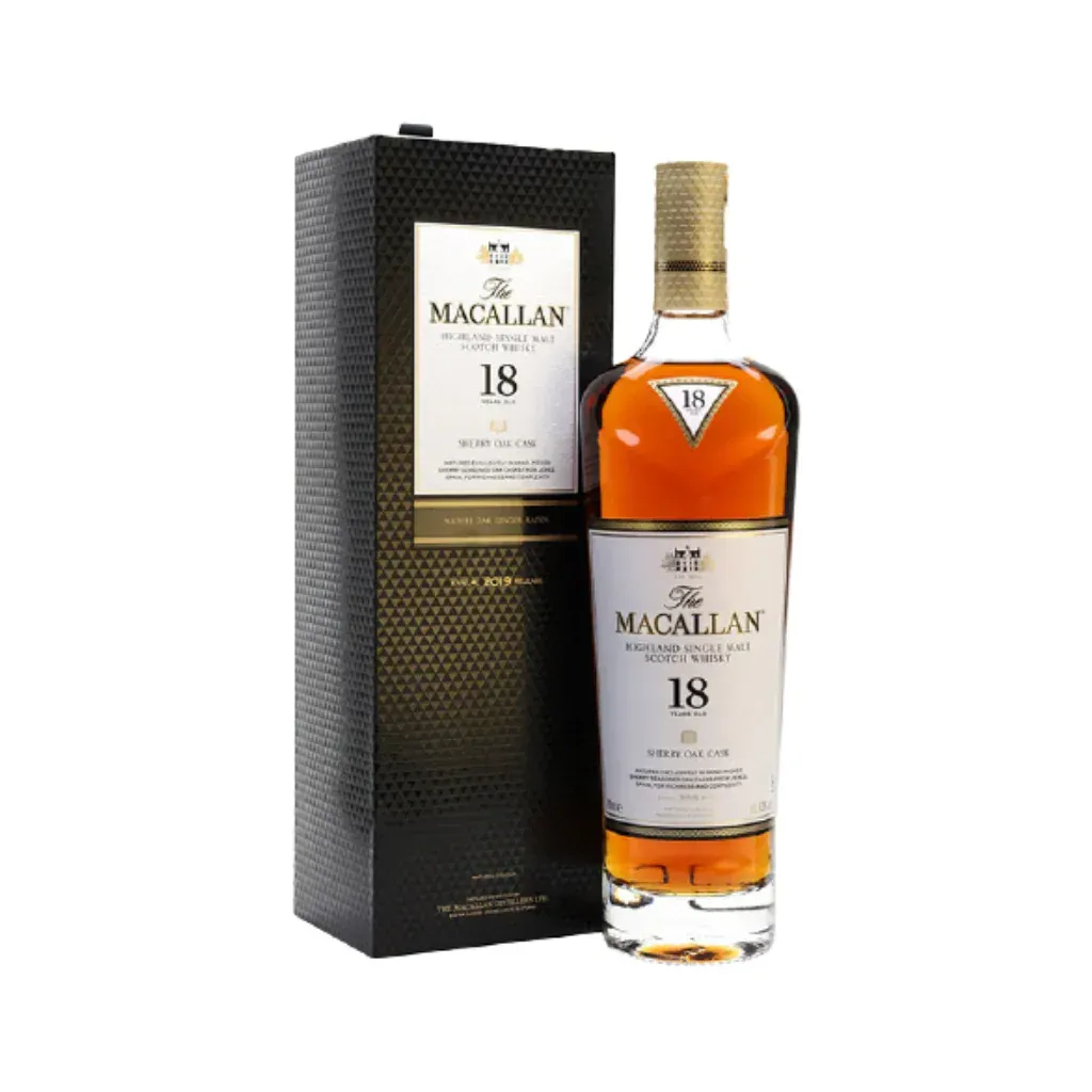 A bottle of The Macallan 18 Year Old whisky with its branded box, golden and black.