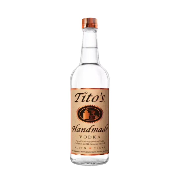 Bottle of Tito's Handmade Vodka with a brown label and cork top.