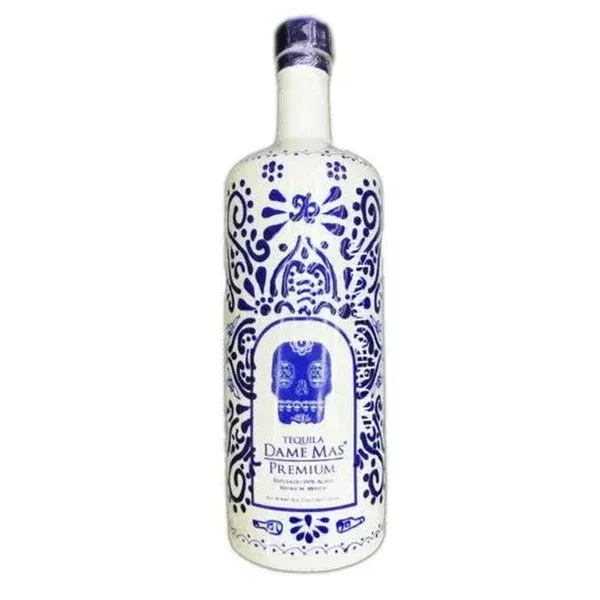 Bottle of Tiger Dame Mas Premium Tequila in blue and white decorative pattern.