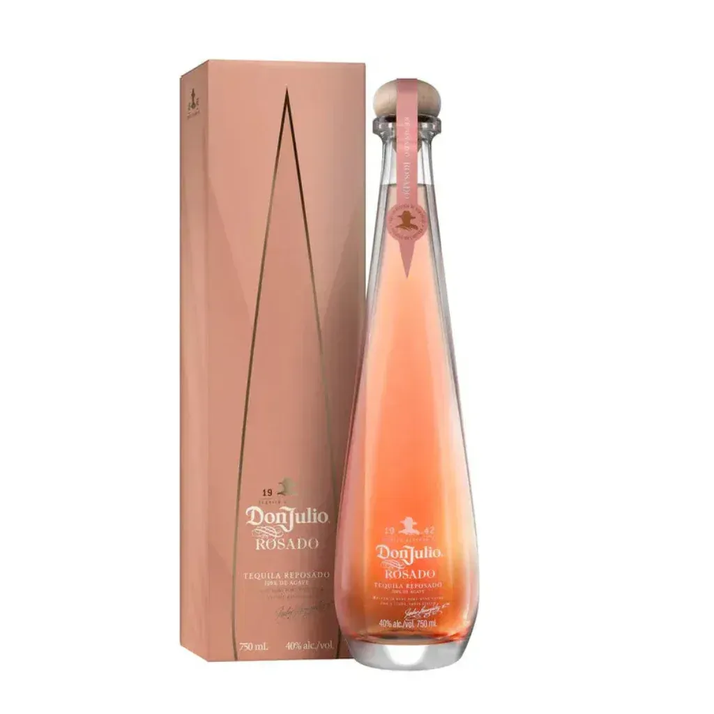 Bottle of Don Julio Rosado Tequila in pink packaging.