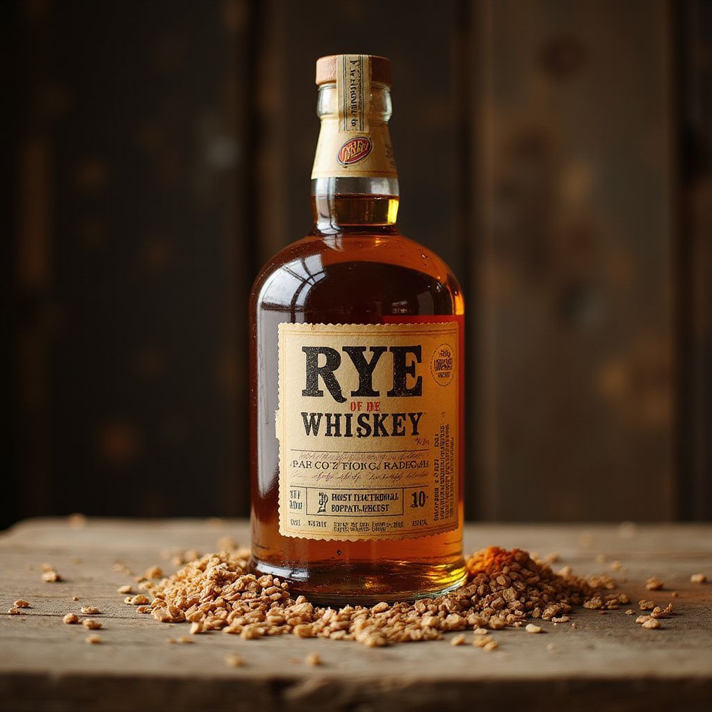 Bottle of Rye Whiskey on a wooden surface, surrounded by grains.