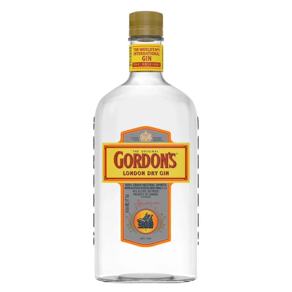 Bottle of Gordon's London Dry Gin with a yellow and orange label and gold cap.