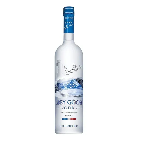 Bottle of Grey Goose Vodka with a blue label and a depiction of a goose and mountains.