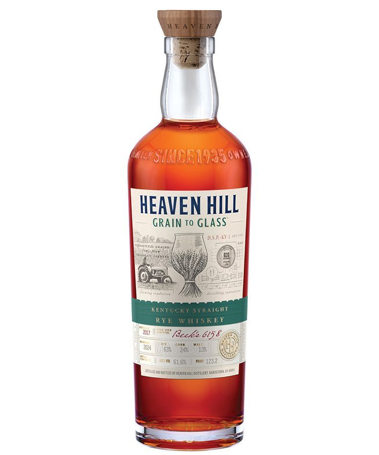 Bottle of Heaven Hill Grain to Glass Rye Whiskey. Reddish-amber liquid, white label, cork top.