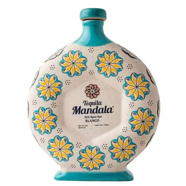 Bottle of Tequila Mandala Blanco with turquoise and cream floral design.