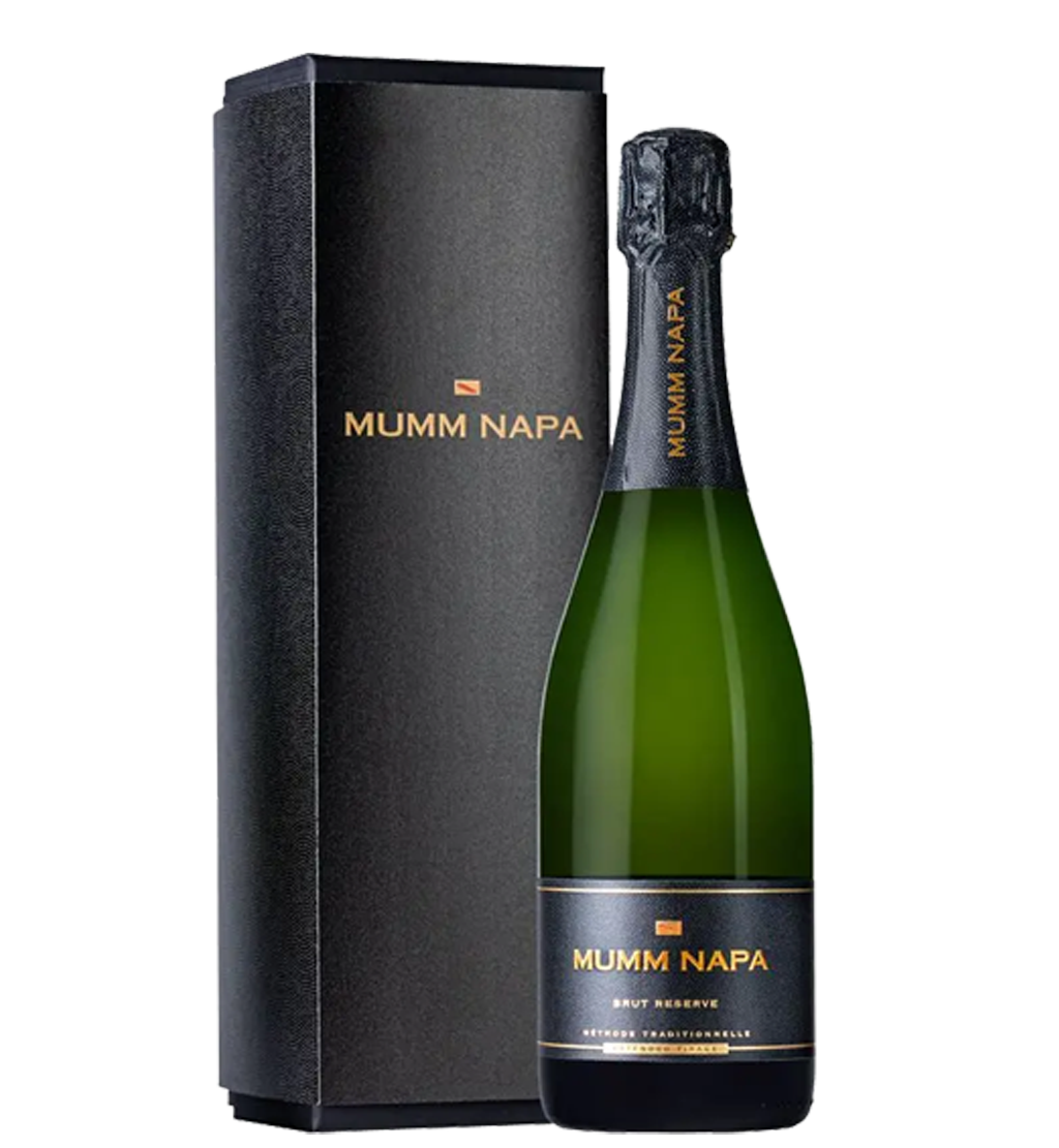 Mumm Napa sparkling wine bottle and box, black and gold labeling, on a white background.