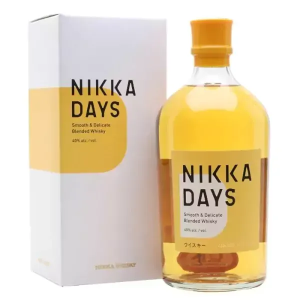 Bottle of Nikka Days blended whiskey in front of its white and yellow box.