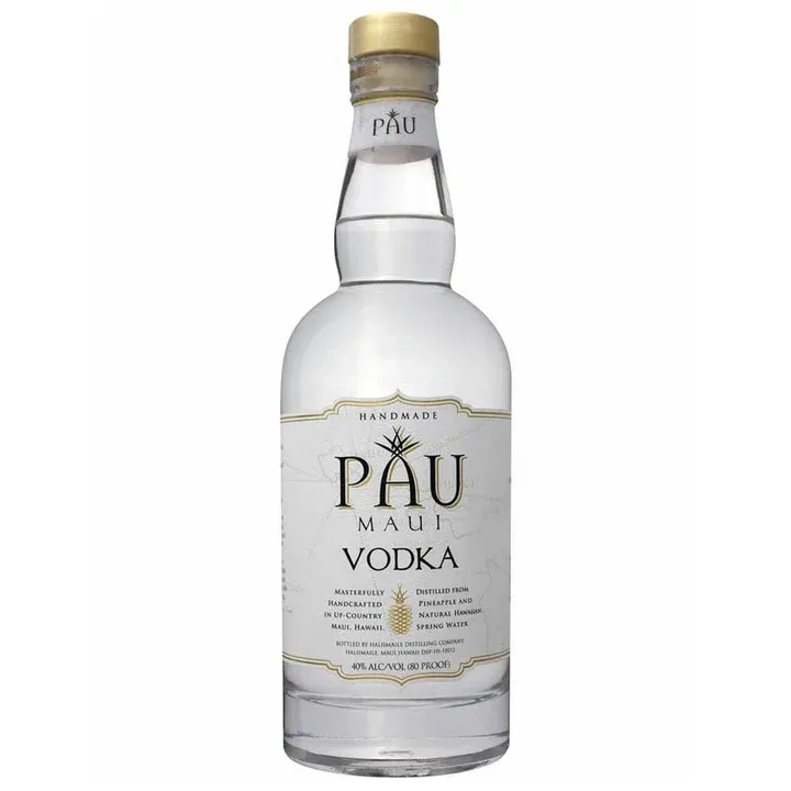 Bottle of Pau Maui Vodka with white label and gold cap.