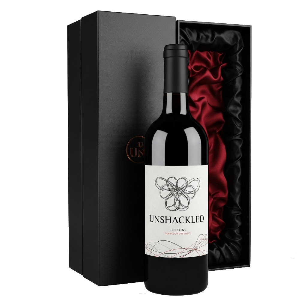 Red wine bottle in a black box with a maroon interior.