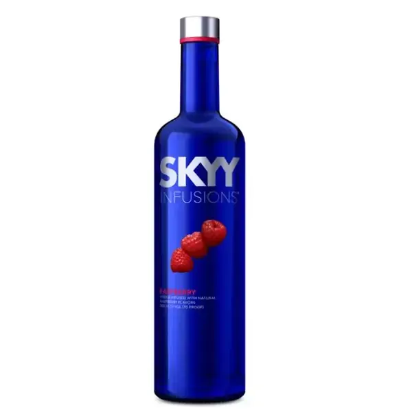 Bottle of SKYY Raspberry Infusions vodka, cobalt blue with silver cap, and three raspberries.