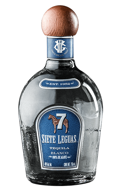 Bottle of Siete Leguas Blanco Tequila with a blue and white label, wooden stopper, and horse logo.