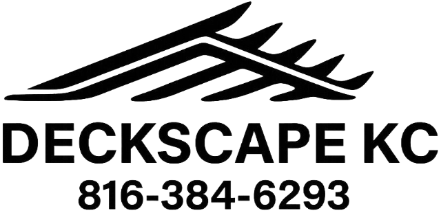 Logo for Deckscape KC, a deck building company, with roof silhouette and phone number.