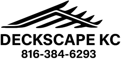 Logo for Deckscape KC, a deck building company, with roof silhouette and phone number.