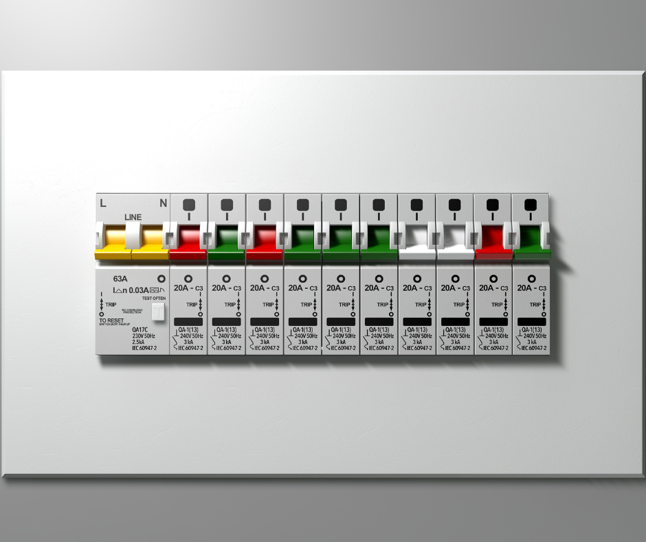A row of electrical breakers with one that says l on it