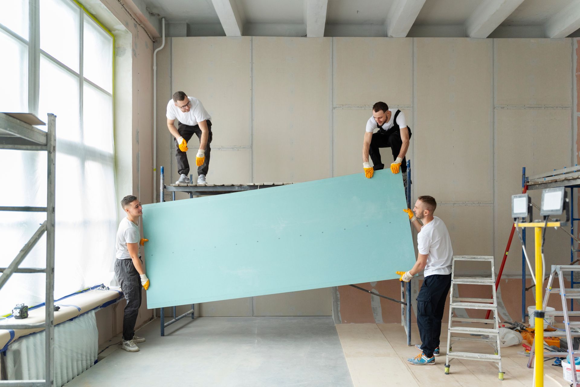 A group of men are carrying a large piece of drywall in a room.