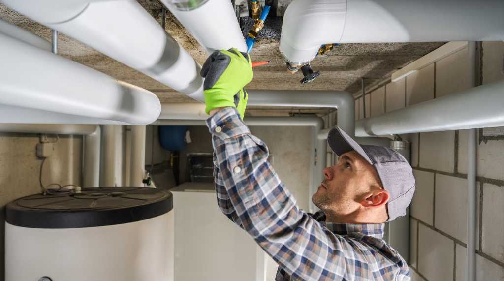 A man is working on pipes in a room.