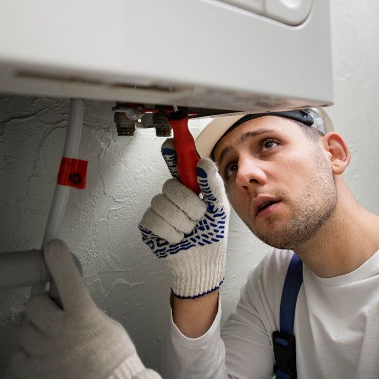 A man wearing gloves and a hat is fixing a pipe with a wrench.