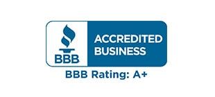 A blue and white badge that says `` accredited business bbb rating : a + ''.