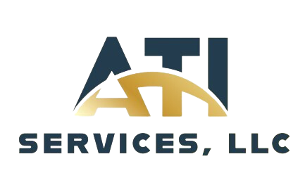 The logo for ati services llc is blue and gold.