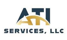 The logo for ati services llc is blue and gold.