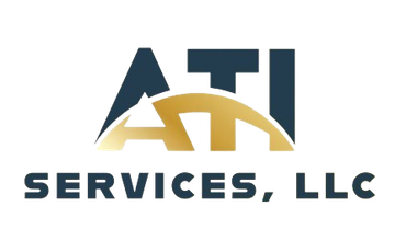 The logo for ati services llc is blue and gold.