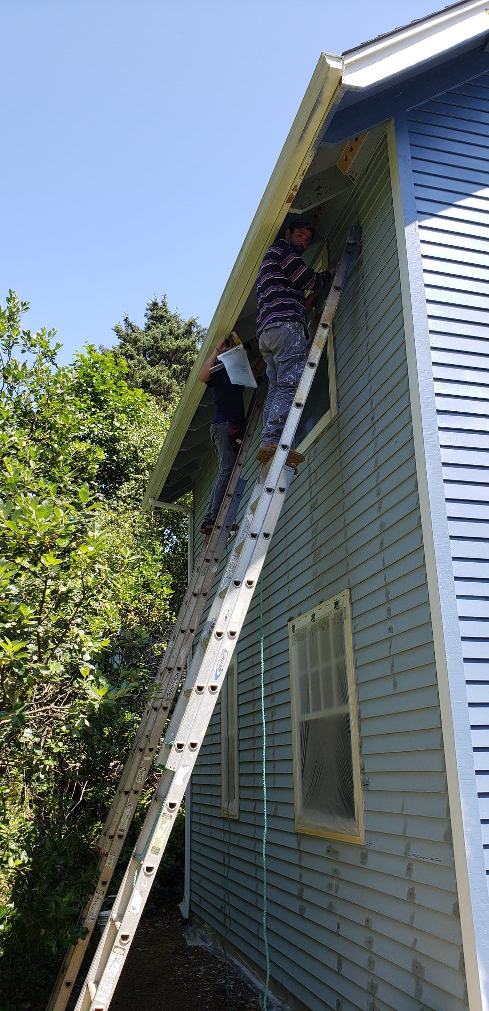 A man is standing on a ladder on the side of a house.
