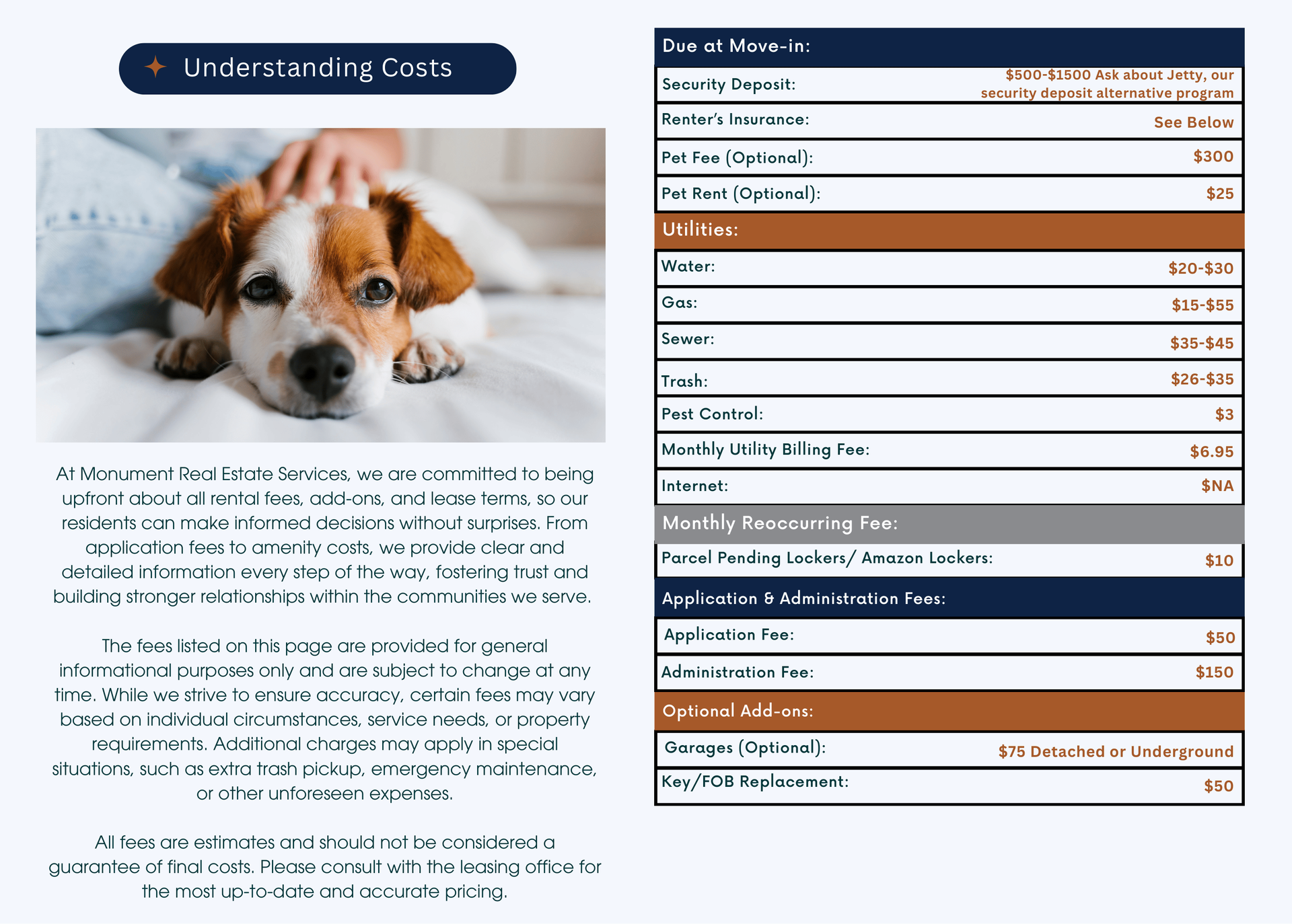 Dog lying down with fee information table.