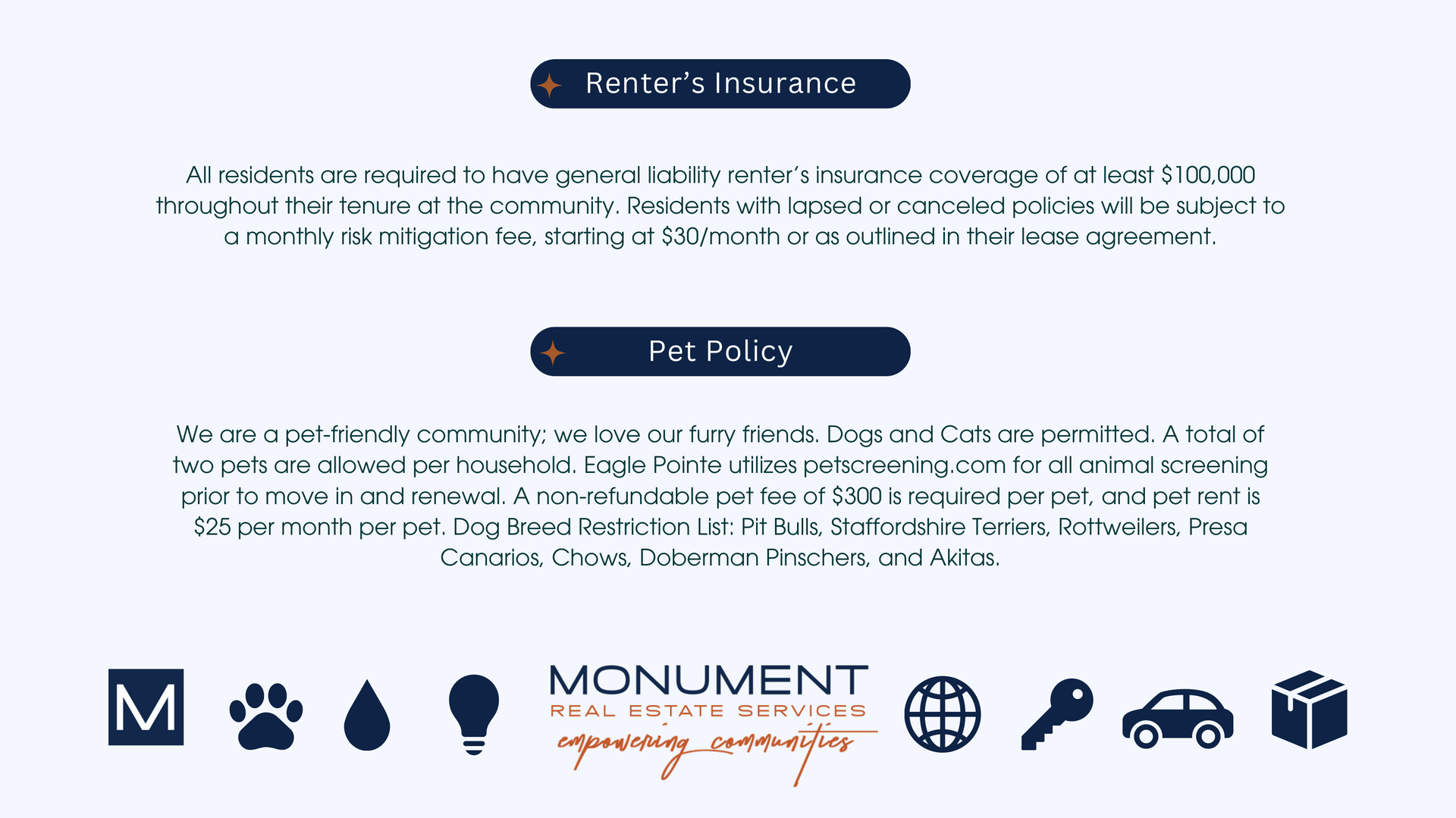 Rental insurance details and pet policy information for Monument.