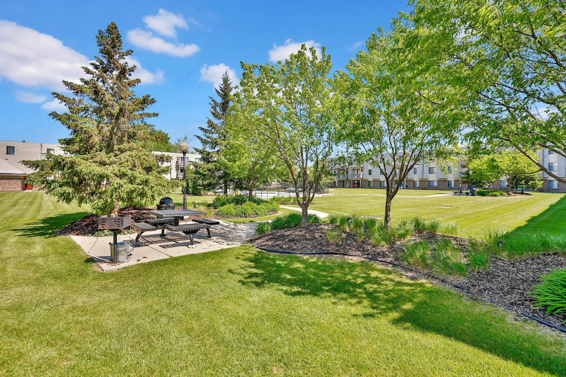 Outdoor communal lawn with trees, benches, and a picnic area in a residential complex