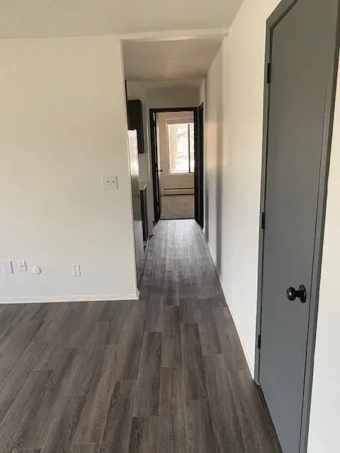Hallway with gray wood-look flooring, white walls, gray door, and a view into another room at Eagle Point Apartments in West St. Paul, MN.