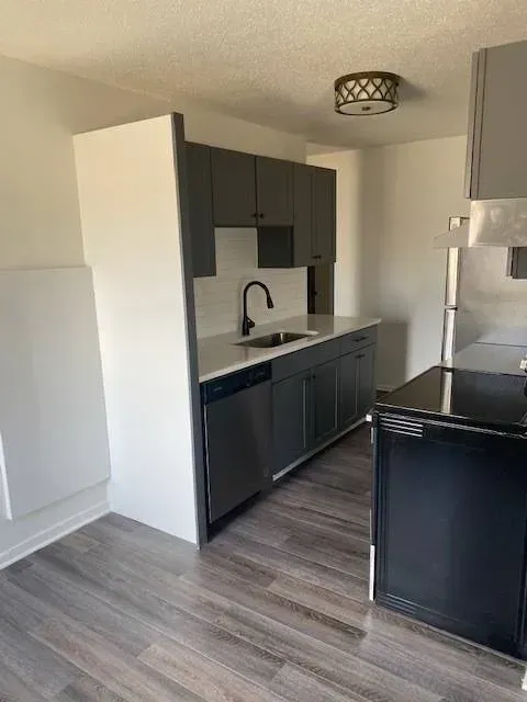 Gray kitchen with dark cabinets, stainless steel appliances, and gray wood floors at Eagle Point Apartments in West St. Paul, MN.
