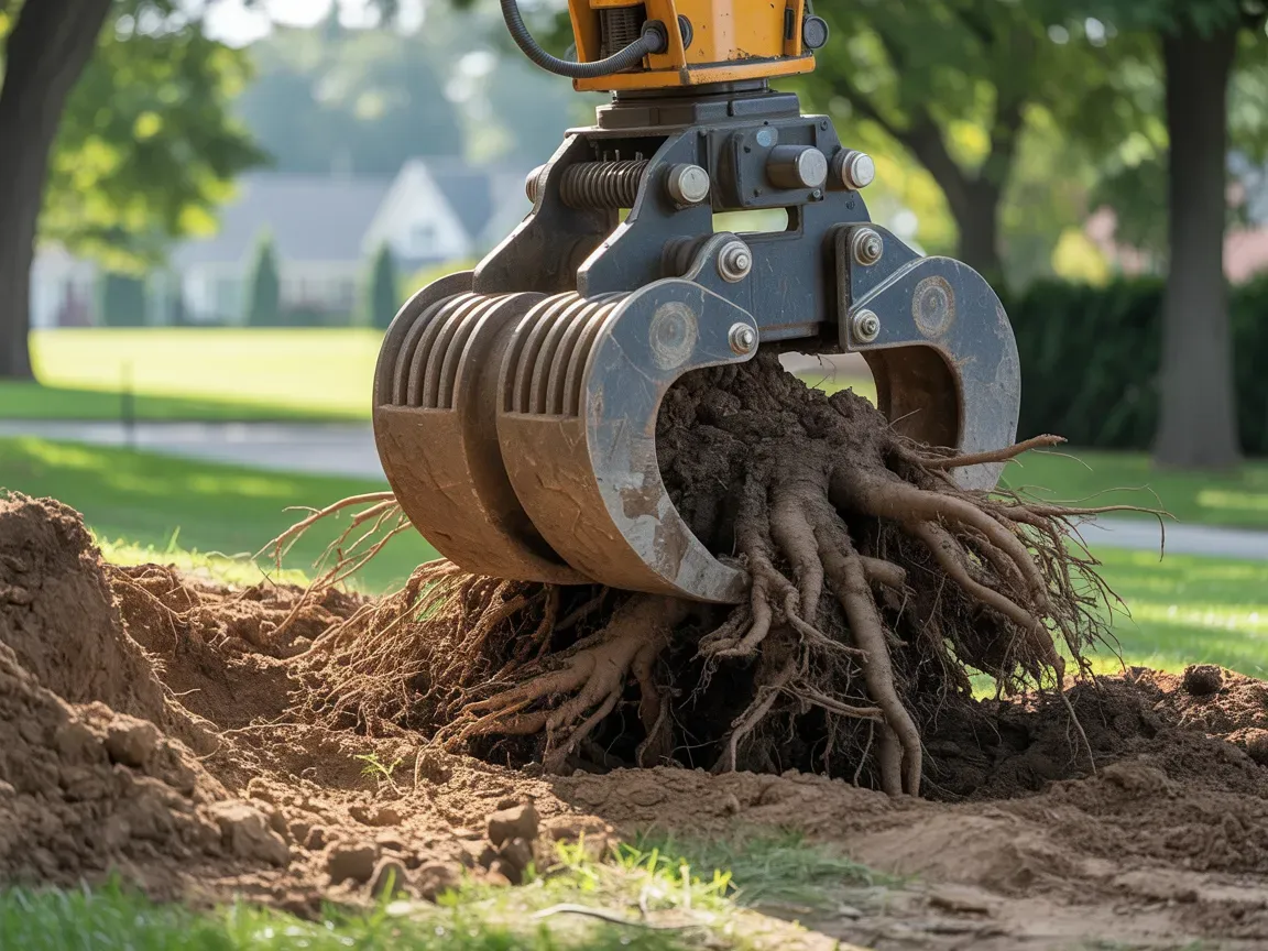 Excavator claw gripping tree roots, pulling them from the earth.