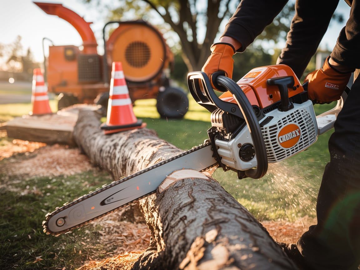 Person wearing gloves cutting a log with a chainsaw; an orange wood chipper in the background.