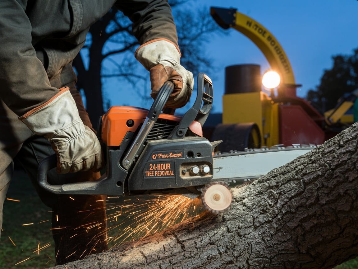 Person using a chainsaw to cut a tree trunk, sparks flying, with a wood chipper in the background.