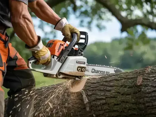 Man cutting wood with a chainsaw outdoors, wearing gloves and protective gear, sparks flying.