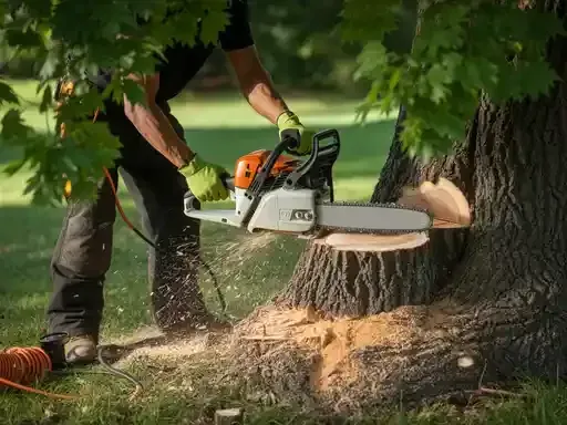 Person wearing green gloves cutting a tree with a chainsaw, creating sawdust.