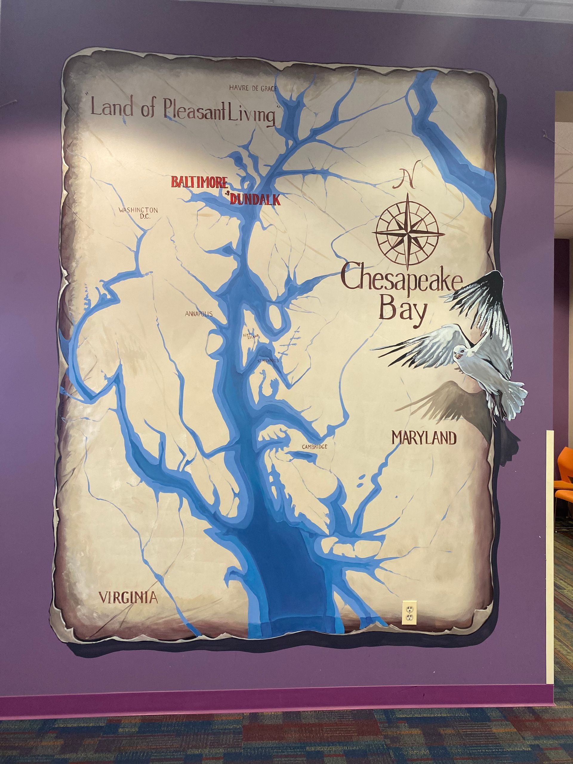 A map of chesapeake bay on a purple wall