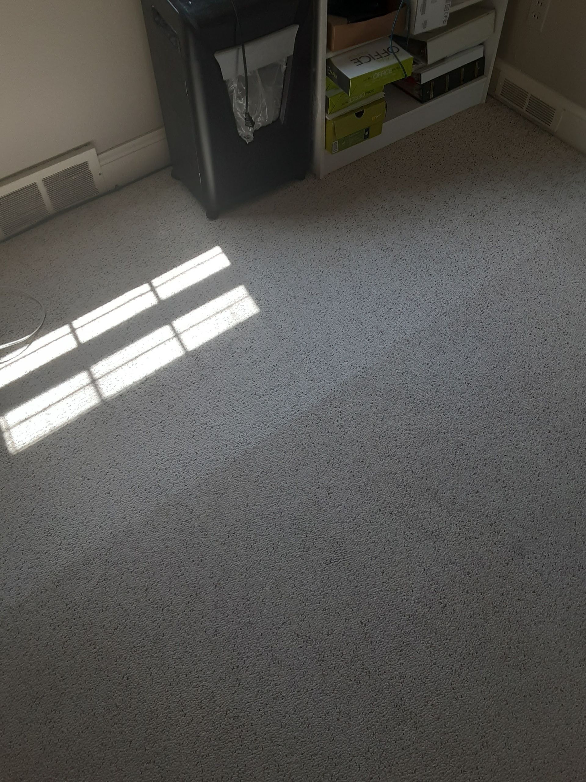 Gray carpeted room with sunlight, small cabinet, and shelf with boxes.