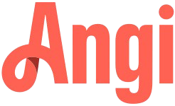 Angi logo in coral-red text. The