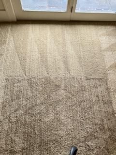 Beige carpet with cleaning marks, showing light and dark sections, near a window.