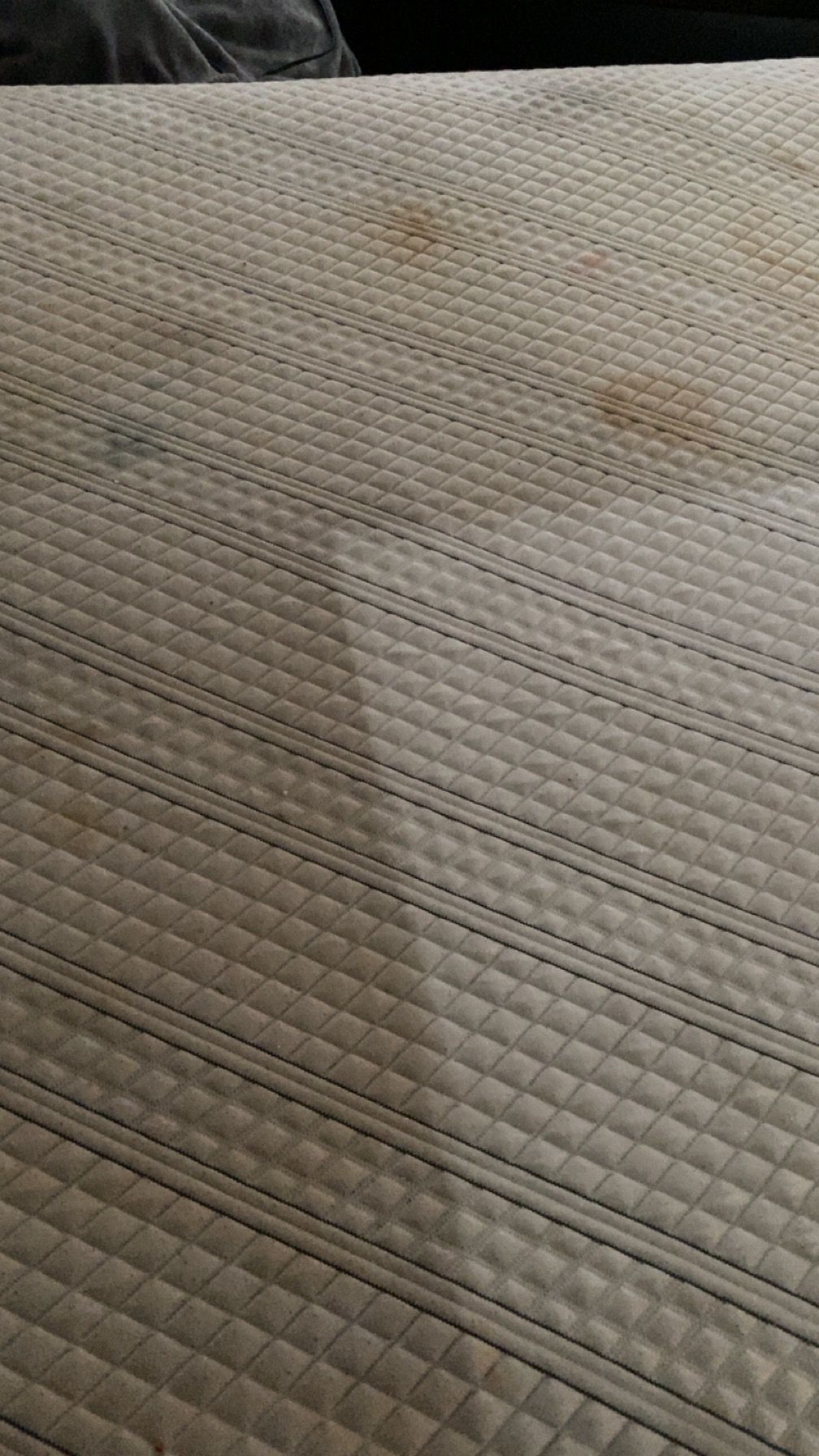 Close-up of a beige, quilted fabric with visible brown stains. Horizontal stitched lines run across the surface.