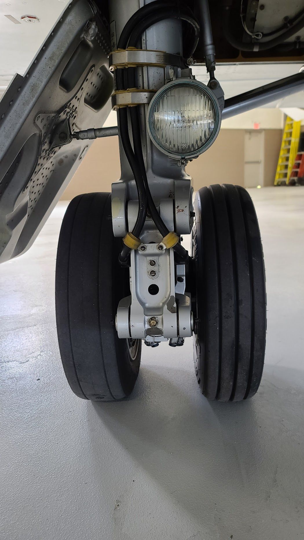 Aircraft nose landing gear with two tires, a bright light, and support structure, indoors.