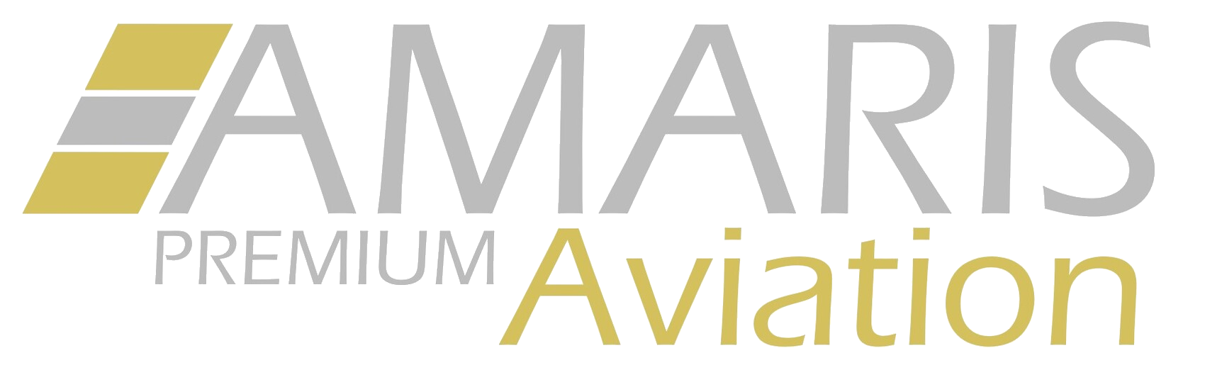 Logo for Amaris Premium Aviation, with gray text and a yellow and gray graphic.