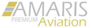 Logo for Amaris Premium Aviation, with gray text and a yellow and gray graphic.