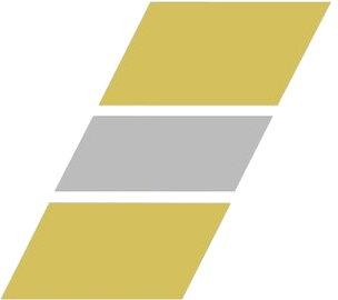Three tilted parallelograms: gold, silver, gold.