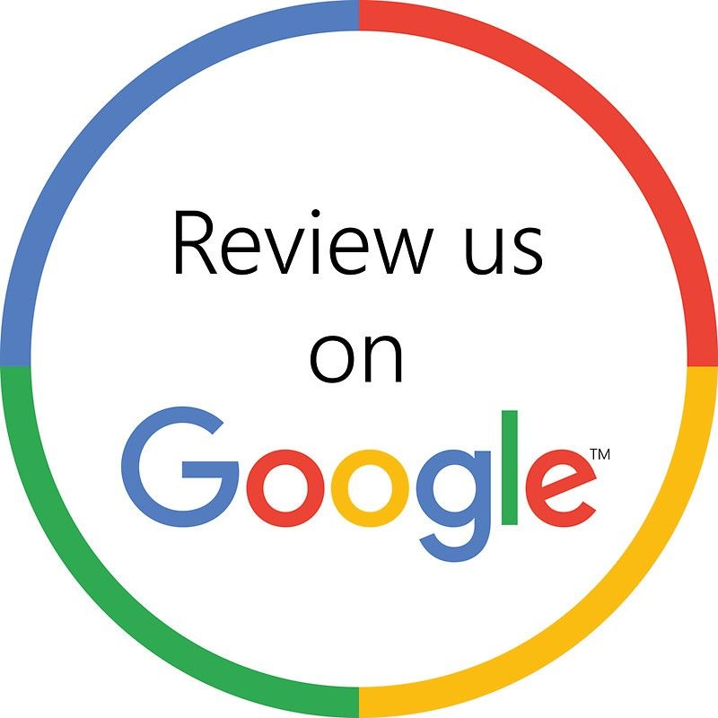 “Review us on Google” badge with multicolored Google logo inside a circular ring