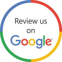 “Review us on Google” badge with multicolored Google logo inside a circular ring