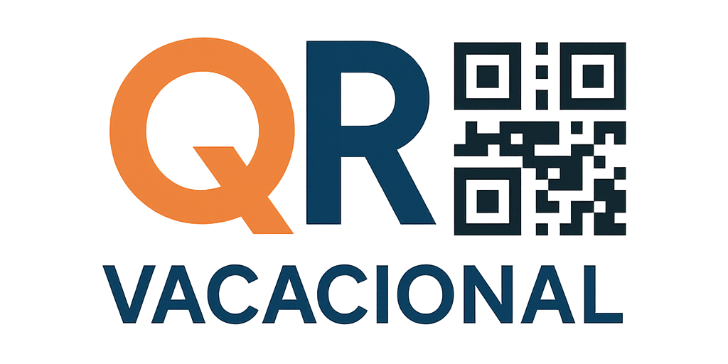 Logotipo “QR” naranja con un código QR y la palabra “VACACIONAL” debajo en azul.