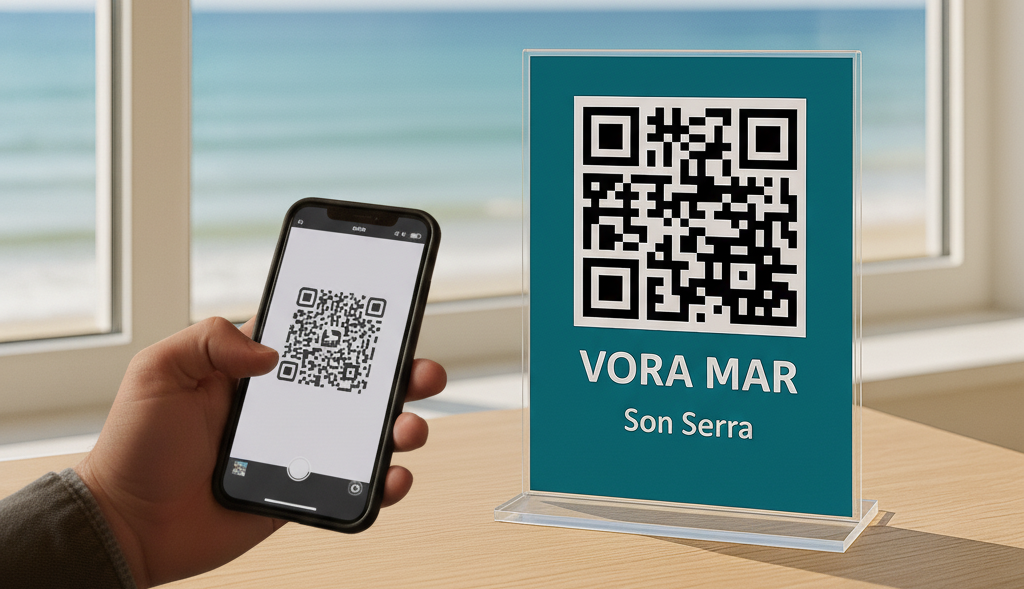 Letrero con código QR azul sobre un mostrador en un entorno rústico; dice 