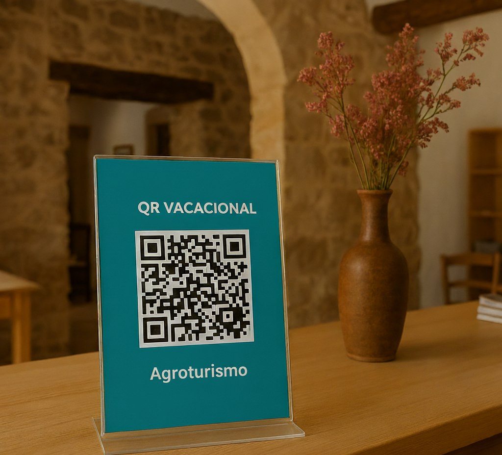 Cartel verde azulado con código QR de Agroturismo, cerca de un jarrón de flores sobre un mostrador de madera.
